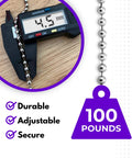 Close-up of 10 Foot Stainless Steel Ball Chain Bead Size 10 Made In USA with 4.5mm bead measurement and weight capacity indicator