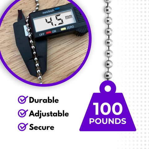 Close-up of 10 Foot Stainless Steel Ball Chain Bead Size 10 Made In USA with 4.5mm bead measurement and weight capacity indicator