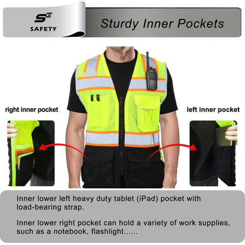 Heavy Duty Ansi Class Two High Visibility Safety Vest With Nine Pockets And Reinforced 360 Degree Reflective Strips showing inner pockets design.