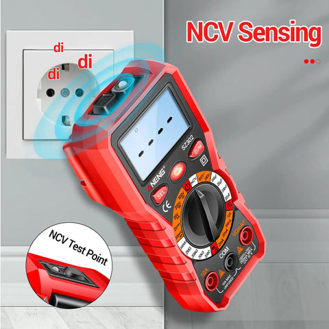 Pro Grade Digital Multimeter With Backlit LCD Case And NCV Flashlight For Quick Live Wire Detection And Data Hold Measuring AC DC Voltage Current Capacitance Resistance Continuity And Diode Test, red plastic case
