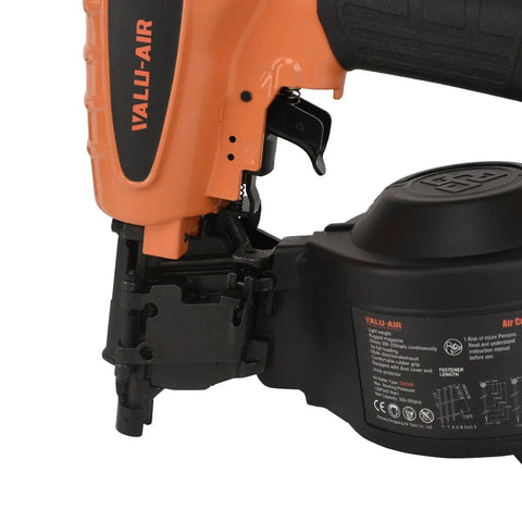 Close-up of 15 Degree Pneumatic Coil Siding Nailer CN55R Beast Of A Workhorse Pro Grade Heavy Duty showing nail gun mechanism.