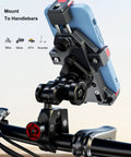 Heavy Duty Motorcycle Phone Mount With Silent Vibration Dampener And Lockdown Anti Theft Safety Knob for secure handlebar attachment.
