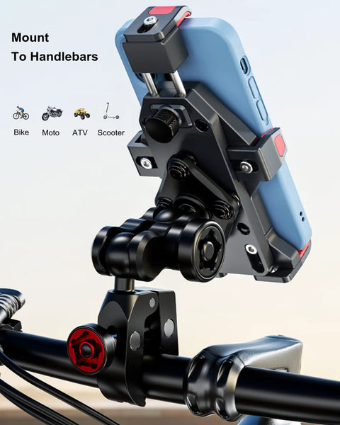 Heavy Duty Motorcycle Phone Mount With Silent Vibration Dampener And Lockdown Anti Theft Safety Knob for secure handlebar attachment.