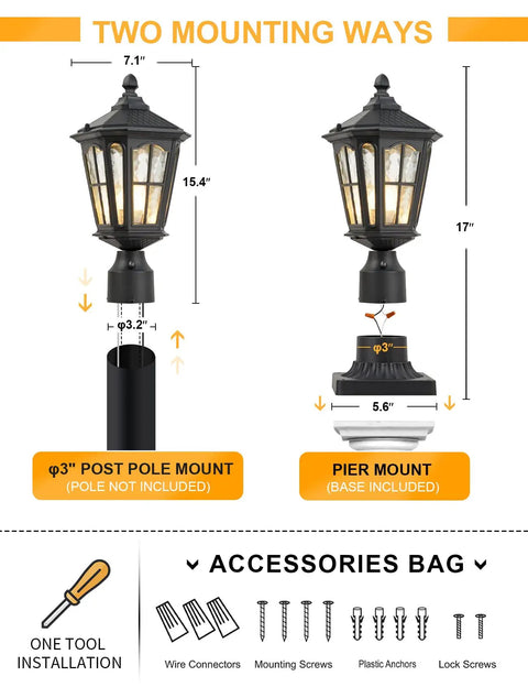 Solar Post Light With 3 Inch Pier Mount Base, Die Cast Aluminum Pillar Lamp With Water Glass, Weatherproof Gate Column And Driveway Lighting, 20.5 Inch Tall, Matte Black, Auto Dusk To Dawn, Warm 3000K Or Cool 6000K, showing two mounting options and accessories bag.