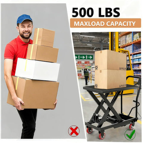 Person carrying boxes with 500 Lb max load capacity next to Built Tough Hydraulic Lift Table Cart in warehouse.