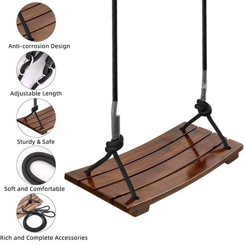 Heavy Duty Wood Swing Seat Carbonized Outdoor Swing For Adults And Kids, 16.9 By 7.9 By 0.5 Inches, 440 Lb Load with features