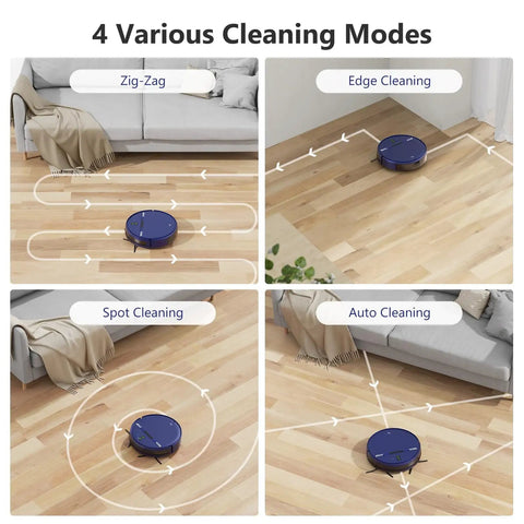 Smart Robotic Vacuum With 2 In 1 Mopping 1400Pa Suction WiFi App Control Works With Alexa And Google Assistant Auto Self Charging Pet Hair Slayer For Carpets And Hard Floors showing four cleaning modes on hard floors