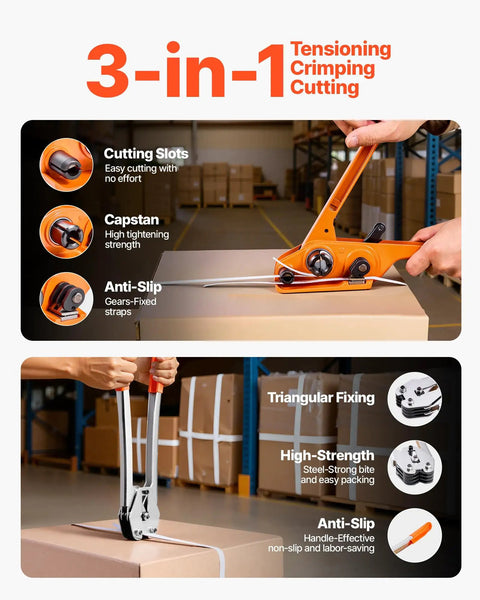 Pro Grade Heavy Duty Manual Banding Strapping Kit With Sealer Tool And 330 Ft PP Band 100 Metal Seals Plastic Pallet Strapping Set For Warehouse Shipping Moving And Home Use, manual pallet strap tensioner and sealer on box