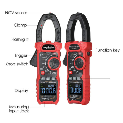 Inrush Clamp Meter 1000A True RMS AC DC Current Meter With VFD LOZ Mode detailed front view with labels and display screen.