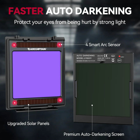 Auto Darkening Welding Helmet with LED light solar powered true color lens features upgraded solar panels and four arc sensors