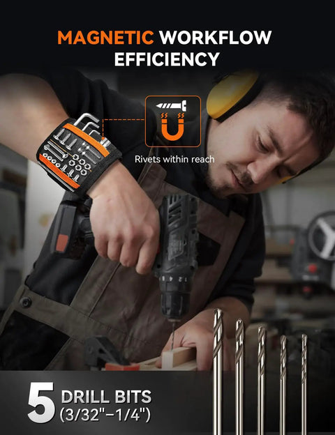 Man using Pro Rivet Gun Kit With Drill Bits And Magnetic Wristband Heavy Duty Two Handed Riveter For Metal Gutters Auto Work