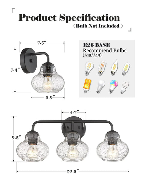 Product specifications for Dope Three Light Farmhouse Style Bathroom Vanity Light With Globe Bubble Glass Shades, dimensions shown