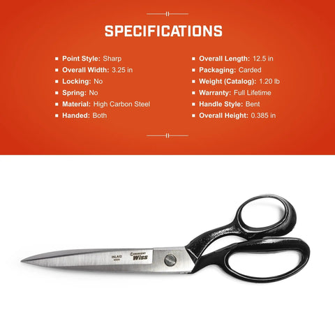Heavy Duty 12 Inch Bent Handle Industrial Shears For Fabric, Upholstery, And Leather Cutting displayed on specifications page