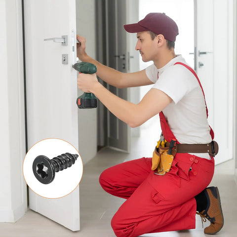 Person using a drill to install a door with 100 Pack Flat Head Torx Screws M3 X Ten Millimeter 304 Stainless Steel.