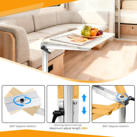 No Sweat Height Adjustable Table Legs Featuring 360 Degree Swiveling Aluminum Base Designed For RV Campers Yachts And Road Trips that showcase height adjustability and rotation.
