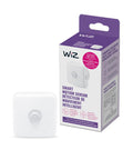 Indoor Motion Sensor Pack Of 2 For Smart Lighting That Flips Lights On When You Walk By And Off When You Leave Auto On Auto Off 2.4 GHz Wi Fi Connected Works With Smart Home Lights Batteries Included White, packaging and single sensor