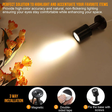 Versatile LED Indoor Spotlight Kit illuminating flowers with adjustable beam, dimmable soft white light; explains three installation methods.