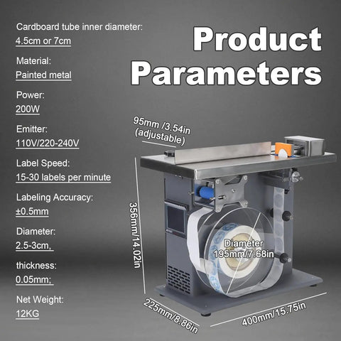 Premium Semi-Automatic Corner Labeling Machine With Digital Touch Screen And Automatic Centering showing product parameters and dimensions.