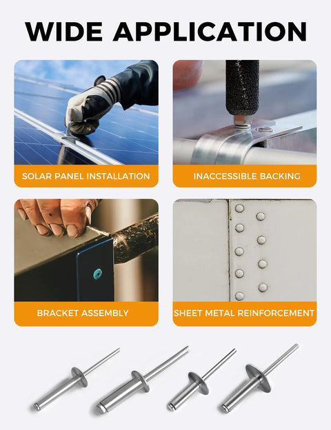 Top Shelf Heavy Duty Large Flange Blind Pop Rivets 1/8 X 1/4 Inch Aluminum With Steel Mandrel 250 Pack for solar panel and bracket assembly.