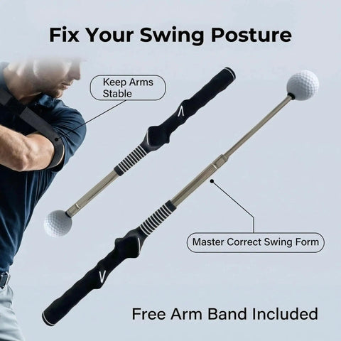 Retractable Golf Swing Trainer With Click Feedback Posture Correction Arm Band And Grip Trainer Portable Indoor Outdoor Swing Aid For Right Handed Players To Boost Tempo Speed And Mechanics, shown with arm band for stability