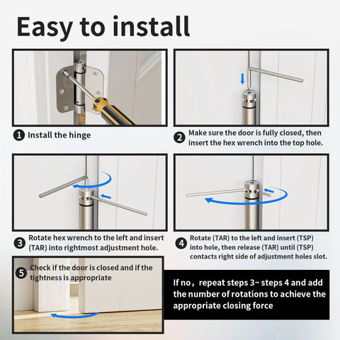 Installation guide for Quick Install Self Closing Door Hinges 3.5 Inch Spring Loaded, showing steps for setup on interior doors.