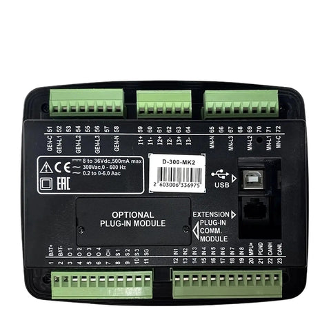 Phase Angle Controller Panel For Genny Or Generator Control Module And Genset Units D300 Series Compatible One Color Finish 1 Piece Pack Easy Install Reliable Power Management black controller panel with green terminal blocks and USB port