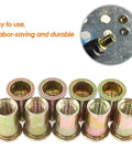 50 Pack 1/2 Inch 13UNC Zinc Plated Carbon Steel Rivet Nuts Flat Head Insert Nutsert Assortment Kit For Auto Body, DIY Projects, And Heavy Duty Repairs, showing nuts and installation example