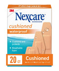 Box of Waterproof Cushioned Foam Bandages, Assorted Sizes, 20 Count, Adhesive Breathable Wound Dressings with water droplets