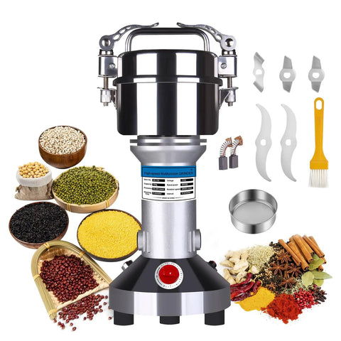 2000W Stainless Steel Electric Grain Grinder For Commercial Use with accessories and various grains displayed