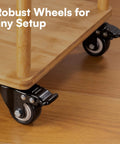 Heavy-Duty Caster Wheels With Brakes For Trolleys And Outdoor Furniture shown on a wooden cart corner.