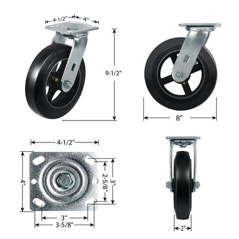 Beefy Industrial Caster Set Of 4 With Rubber On Cast Iron Wheels Up To 4400 Lb Capacity Black Plate Casters dimensions and views