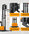 3300 Lb Capacity Electric Walkie Stacker With 130 In Lift Height And Powered Drive For Easy Material Handling, showing non-slip fork grooves and adjustable straddle legs.