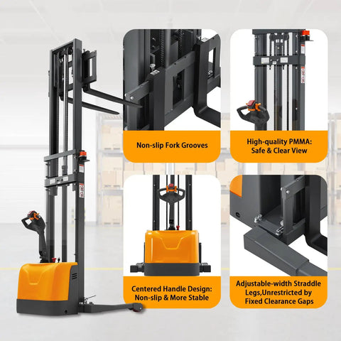 3300 Lb Capacity Electric Walkie Stacker With 130 In Lift Height And Powered Drive For Easy Material Handling, showing non-slip fork grooves and adjustable straddle legs.