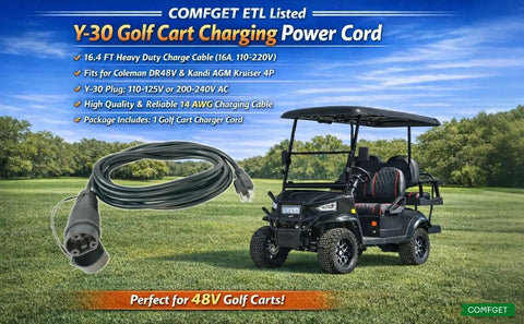 Y-30 Golf Cart Charging Power Cord Built Like A Tank 14 Awg Heavy Duty Workhorse For Coleman Dr48v And Kandi Agm Kruiser 4P Black 16 Ft shown on golf course.