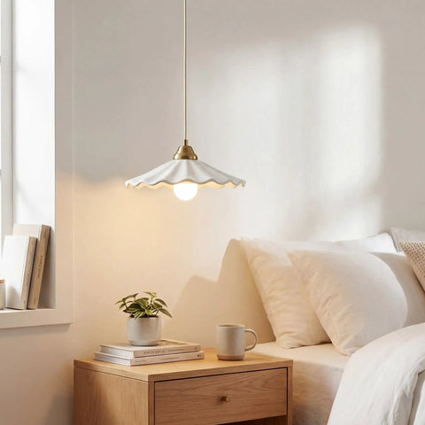 Premium White Scalloped Ceramic Pendant Light Adding Sweet Vintage Charm To Kitchen Islands Built Tough With Heat Resistant Glaze Handling Humidity Like A Champ in bedroom setting.