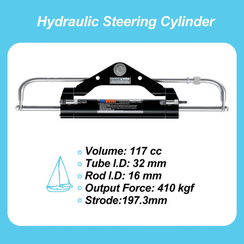Hydraulic Steering Cylinder with specs for 150 HP Outboard Steering Cylinder For Boats Front Mounted Marine Steering System.