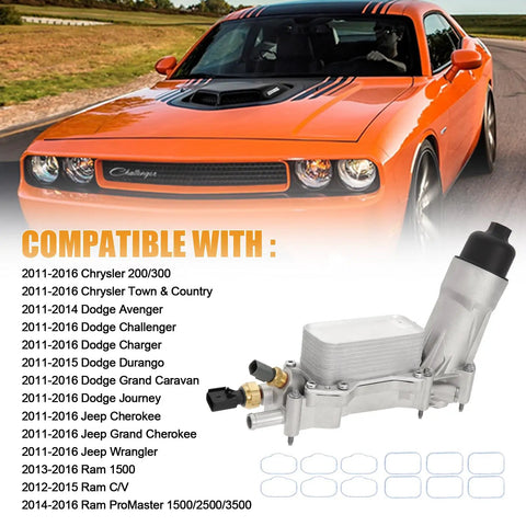 Upgraded Aluminum Oil Filter Housing Kit With Oil Cooler, Sensors And Gaskets For 3.6L V6 Vehicles next to an orange Dodge Challenger