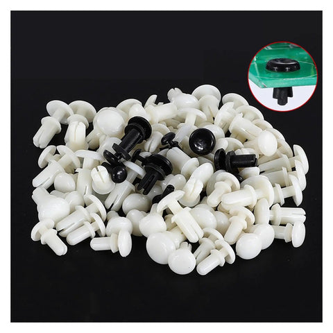 R Type Nylon Press In Rivet Clips For PCB And Sheet Metal Mounting Black Heavy Duty Expansion Fasteners 100 Piece Set, assorted black and white clips.