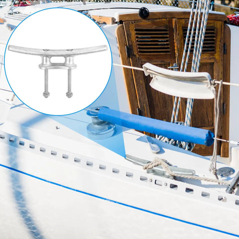 6 Inch Dock Cleats With Fasteners For Boats, Hot Dipped Galvanized Cast Iron Marine Cleats on a white boat deck, close-up view