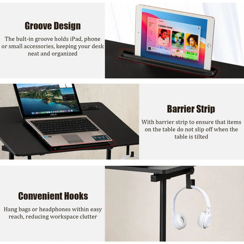 Total Game Changer Small Height Adjustable Standing Desk With Tiltable Tabletop And Smooth Rolling Wheels featuring groove design for devices.
