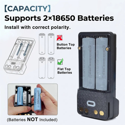 Built Tough 2X18650 Battery Case Compatible With Motorola Two Way Radios Xpr7350 Xpr7550 showing how to install 2x18650 batteries.