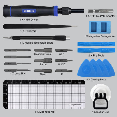 153 In 1 Magnetic Pro Grade Precision Screwdriver Set With Case showing various tools like driver, bits, tweezers, magnetic mat.