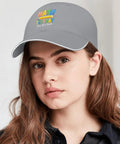 Show Your Work Math Themed Adjustable Light Grey Hat for Women with rainbow math design worn by a woman indoors.