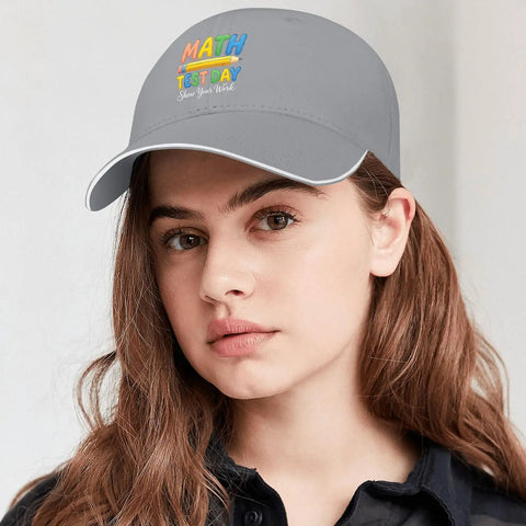 Show Your Work Math Themed Adjustable Light Grey Hat for Women with rainbow math design worn by a woman indoors.