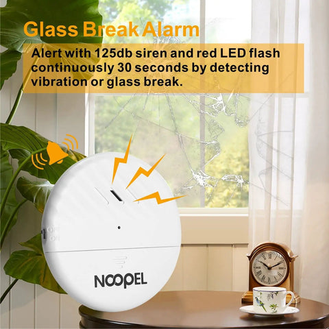 5 Pack Glass Break Alarm Sensor For Home Security, 125dB Window Alarm With Adjustable Sensitivity And Low Battery Indicator, Easy Install, Heavy Duty Anti Theft Protection For Windows And Glass, mounted on cracked window