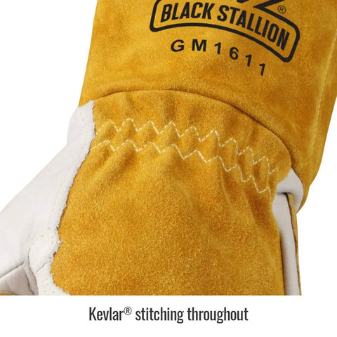 Close-up of Top Grain Leather Cowhide Mig Welding Gloves Built For Tough Jobs With Reinforced Palm, Kevlar Stitching, 2XL Workhorse.