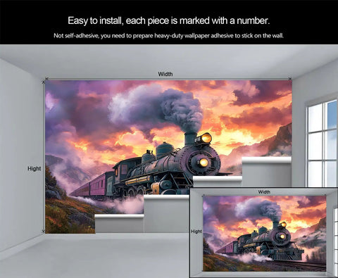 Train Mural Wallpaper for Bedroom and Living Room Steam Locomotive 3D Wall Murals Not Peel and Stick Durable Fabric Backdrop
