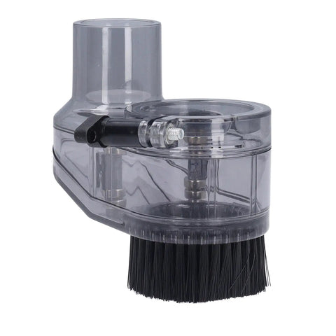 Slick Transparent CNC Router Dust Shoe For 45mm Spindle, showcasing the nylon skirt and vacuum port for sawdust control.