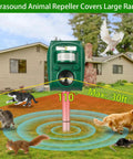 Solar Ultrasonic Animal Repellent For Outdoor Use With Dual Sonic Pulse And Flashing LED Defense, Humane Cat, Dog, Deer, Rabbit, Squirrel, And Raccoon Deterrent, No Traps, 2 Pack, Weatherproof And Easy Setup installed on lawn with 110° 30 ft range