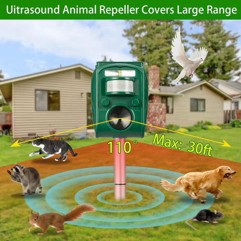 Solar Ultrasonic Animal Repellent For Outdoor Use With Dual Sonic Pulse And Flashing LED Defense, Humane Cat, Dog, Deer, Rabbit, Squirrel, And Raccoon Deterrent, No Traps, 2 Pack, Weatherproof And Easy Setup installed on lawn with 110° 30 ft range